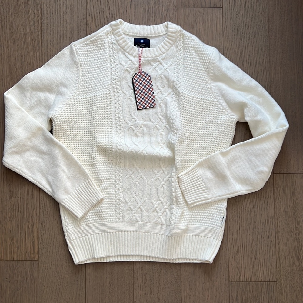 NWT BEN SHERMAN WHITE CABLE KNIT CREW NECK GIFT BOX